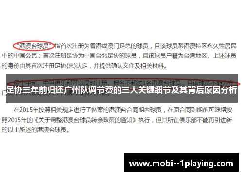 足协三年前归还广州队调节费的三大关键细节及其背后原因分析