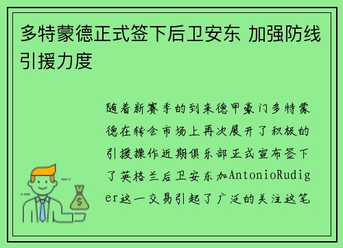 多特蒙德正式签下后卫安东 加强防线引援力度